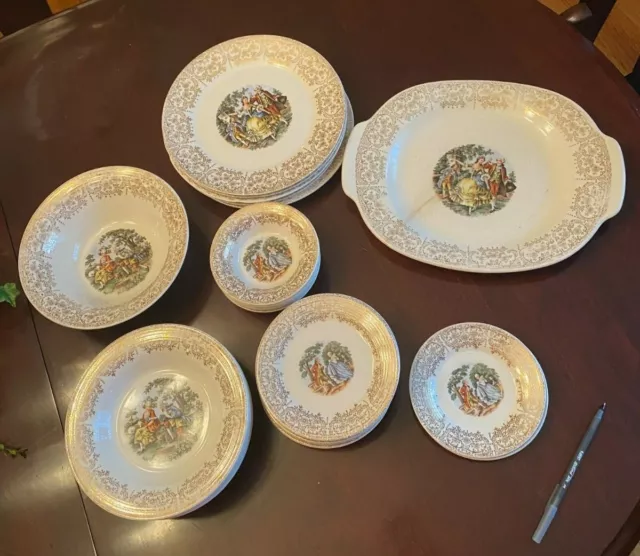 Chantilly C-49 22 K Gold/Cream 1940s. Sebring Pottery Co Plates-34pieces