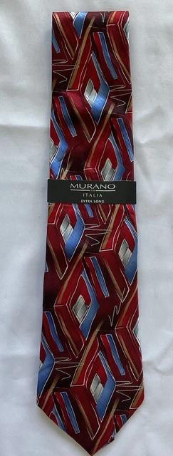 Murano Mens Italia 100% Silk Tie NWT Red Wine Blue Geometric Shaped USA 4”x62”