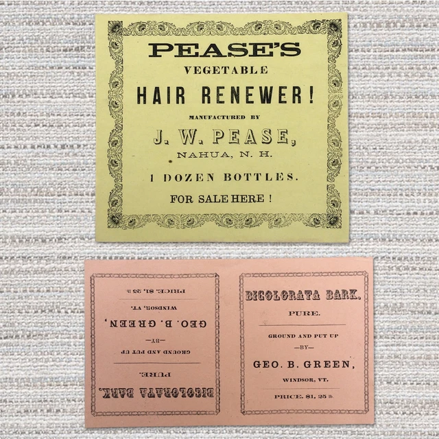 1860-70's PATENT MEDICINE, 3 HAIR RENEWER & HERBAL DRUG PACKAGE LABELS - VT & NH