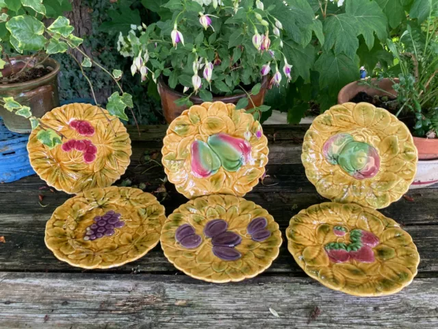 6 assiettes à dessert en barbotine de Sarreguemines France décor de fruits