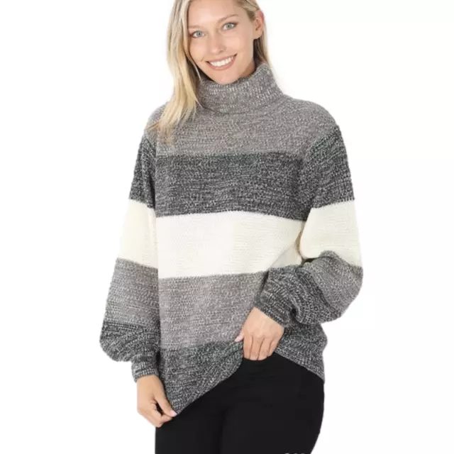 NWOT Color Block Cable Knit Turtle Neck Sweater Black/Gray/White size XL