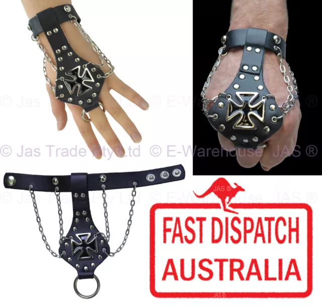 Leather Black Biker Gothic Punk Chopper Gauntlet Bracelet Wristband IRON CROSS