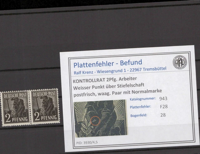KONTROLLRAT 1947 PLATTENFEHLER Nr 943 F28 postfrisch (214432)