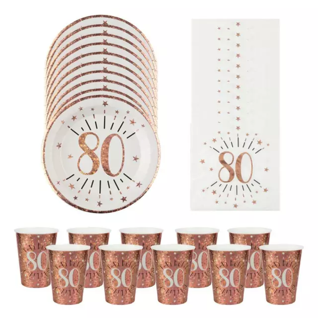 80th Birthday Party Pack | Rose Gold Tableware Plates Napkins Cups x10pc