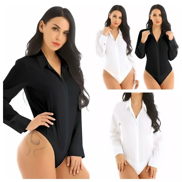 Womens Button Down Shirt Turn-down Collar Blouse Tops One-Piece Leotard Bodysuit