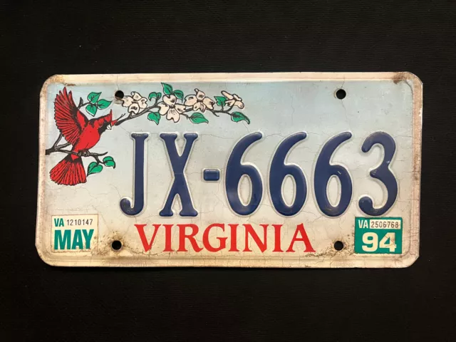 1994 Virginia License Plate JX-6663 ...... CARDINAL, VIRGINIA'S STATE BIRD