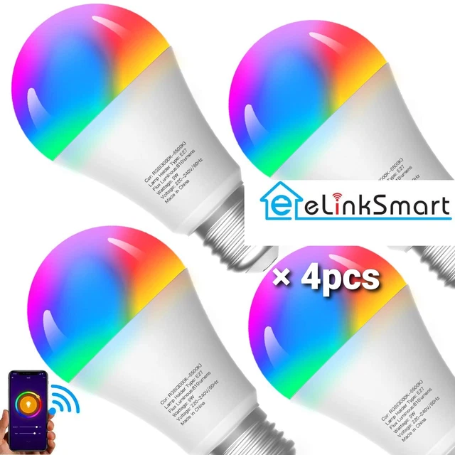 eLinkSmart ×4 WiFi LED Glühbirnen 9W E27 RGB Farbwechsel Fernbedienung Alexa Google