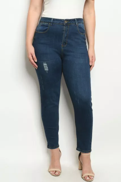 Womens Plus Size Dark Blue Distressed Denim Skinny Jeans 1X Ripped Detail