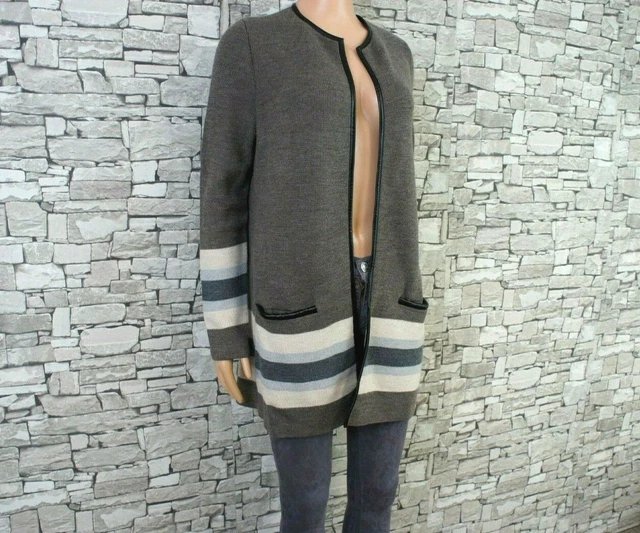 Talbots Damen Reine Wolle Strickjacke Mantel Überwurf Taupe Beige Leder Optik M
