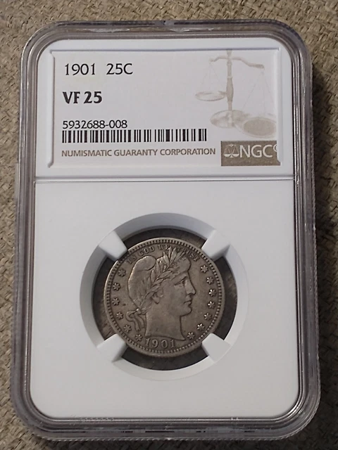 1901 Better Date Barber Silver Quarter, NGC VF 25, Very Nice Coin