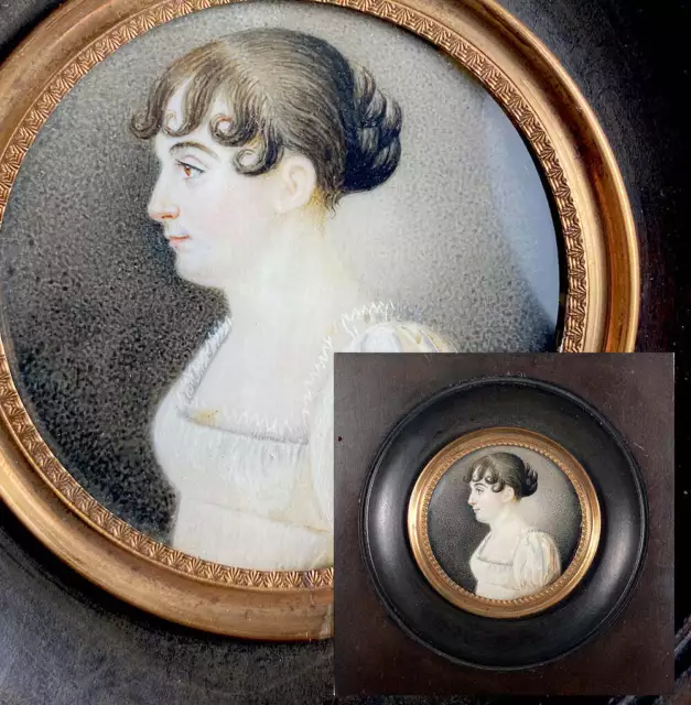 Antique French Empire Portrait Miniature in Silhouette, Beautiful Young Woman