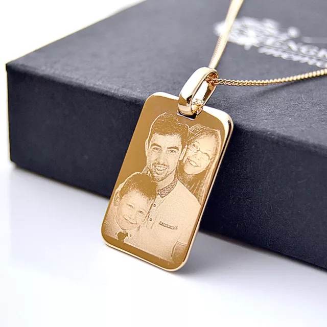 18 kt Gold Plated Dog Tag Pendant with Necklace, Photo & Text Engraved