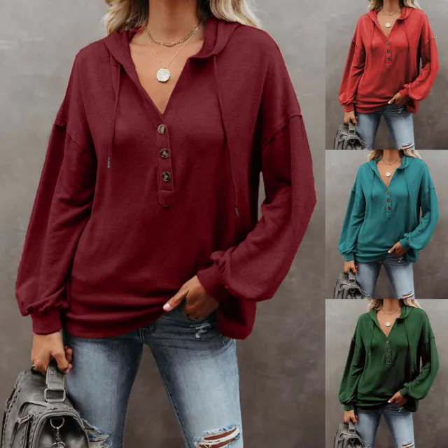 Womens Ladies Hooded Pullover T Shirt Blouse Long Sleeve Button Loose Casual Top