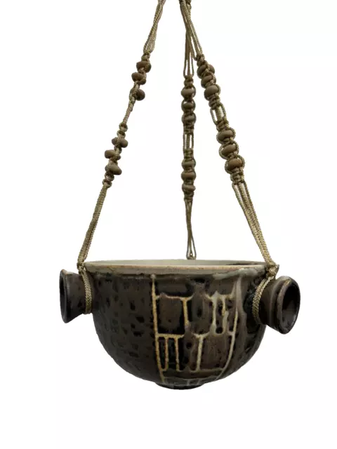 African Theme VTG Hand Thrown MED Ceramic Hanging Jute Rope Planter Flower Pot