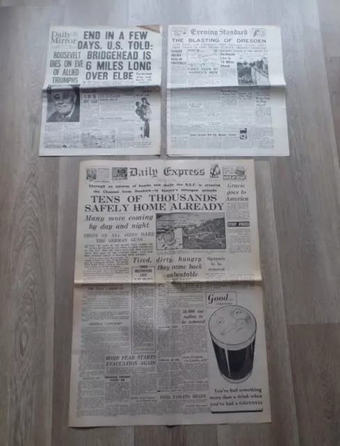 Three Ww2 Newspapers Express Mirror Standard Dunkirk Dresden Roosevelt