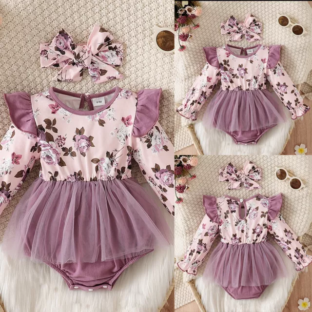 Baby Girls Floral Mesh Princess Romper Dress Bodysuit Headband Sets Outfits 2PCS
