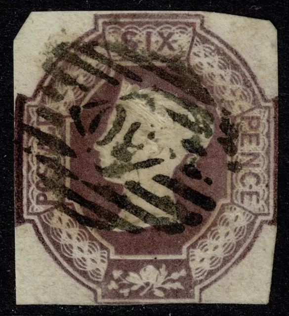 1854 6d Embossed Mauve SG 58wk Rev&Inv Cut Square Fine Used Cat. £1,000.00