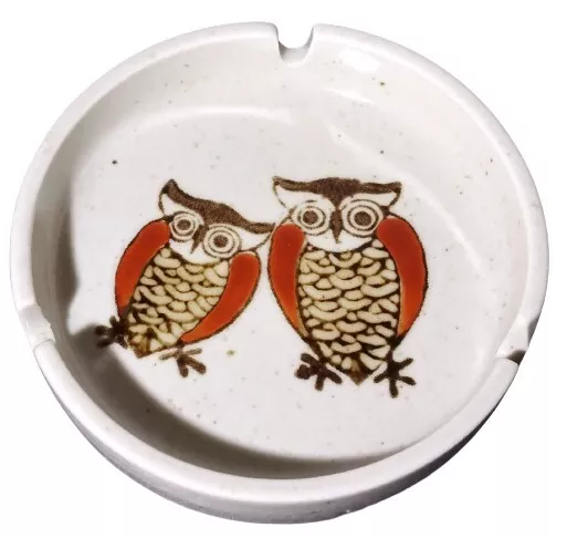 Vintage Hand Crafted Hand painted Owl Ashtray 5” Round 1” Tall Stoneware