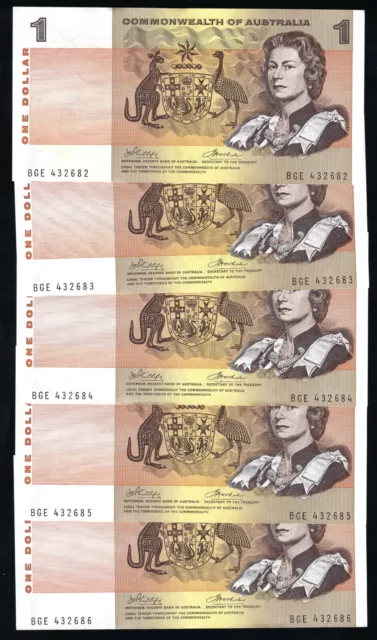 5x Commonwealth of Australia 1972 Phillips/Wheeler $1 Consecutive Banknotes R74