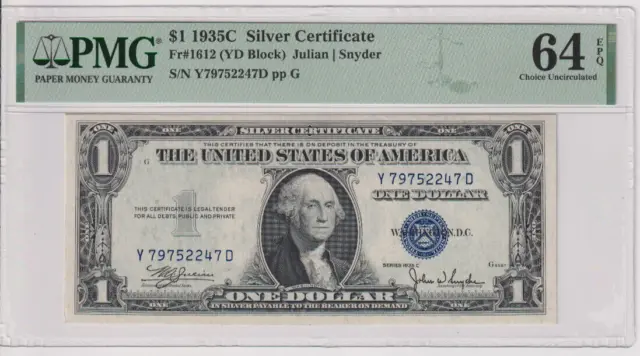 Fr 1612 1935C $1 SC Y79752247D PMG 64EPQ CH CU 1935-C Silver Certificate