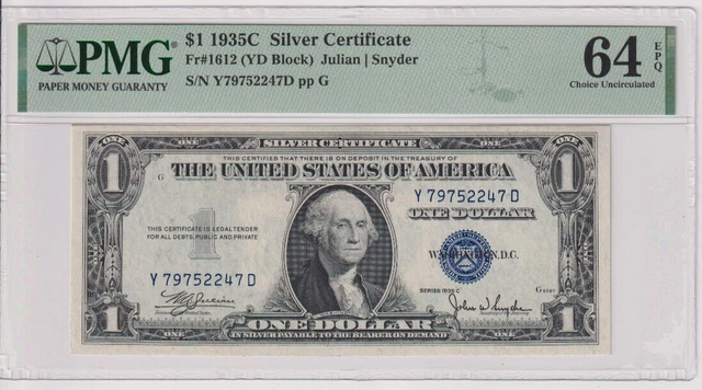Fr 1612 1935C $1 SC Y79752247D PMG 64EPQ CH CU 1935-C Silver Certificate