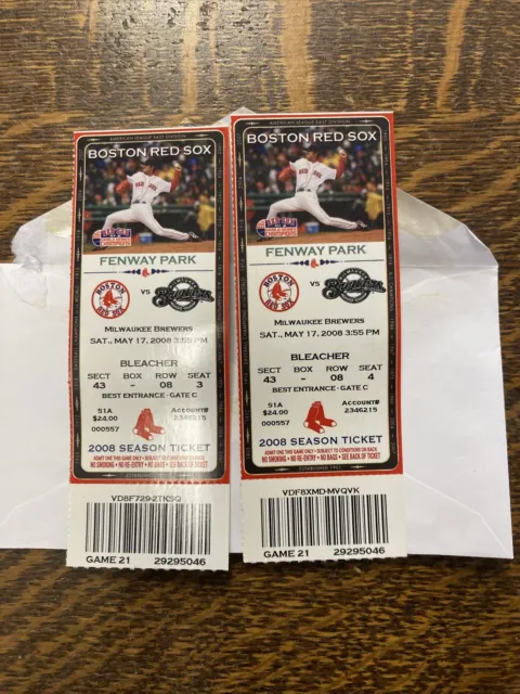 Unused Boston Red Sox Tickets, 2008 Regular Season, Tim Wakefield, GC.