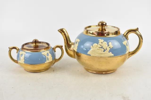 Gibsons Staffordshire England Ceramic Blue And Gold Teapot And Sugar Bowl Set