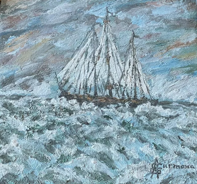 Cuadro Antiguo Pintado A Mano Barco Navegando Tormenta Aquitienesloquebuscas.com