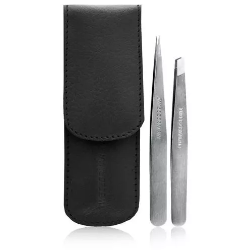 Tweezerman Petite Pinzette Set. Slant & Point Tip Pinzette + schwarze Ledertasche