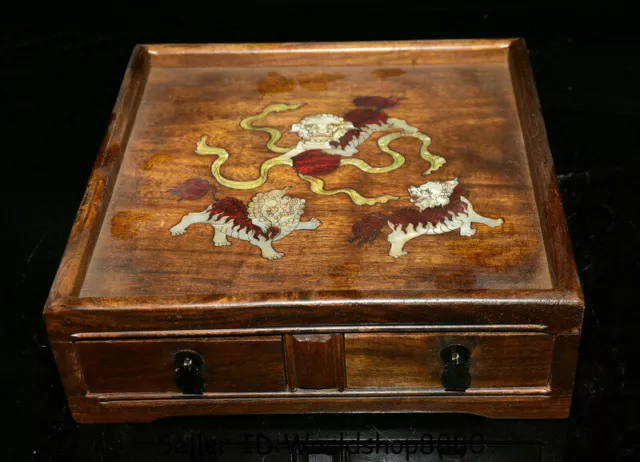 10.4" Antique Chinese Huanghuali Wood Inlay Shell Lion Dog 2 drawer Storage Box