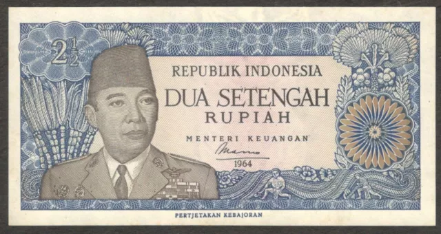 Indonesia 2 1/2 2.5 Rupiah President Soekarno 1964 UNC
