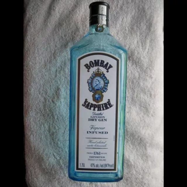 Empty 1.75 L Bombay Sapphire Gin Clear Blue Glass Tall Square Cube Shape Bottle