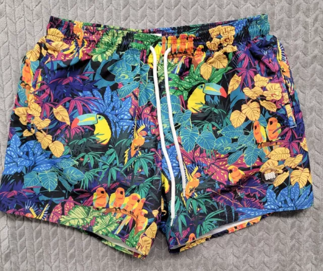 Topman Nordstrom Swim Shorts Men Size L/XL Tropical Bird Floral Print 5" Vibrant