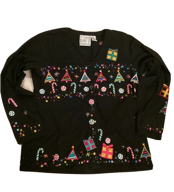 Michael Simon Lite Cardigan Large Black Christmas Art to Wear Beads Embroidery