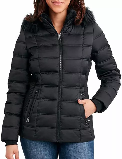 NEW Nautica Womens Faux Fur Trim Hooded Midweight Puffer Jacket Black sz Small