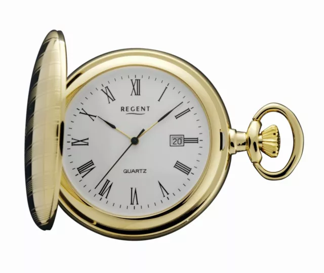 Elegant Gold Plated Regent P-19 Quartz Pocket Watch + Chain - Roman - Date