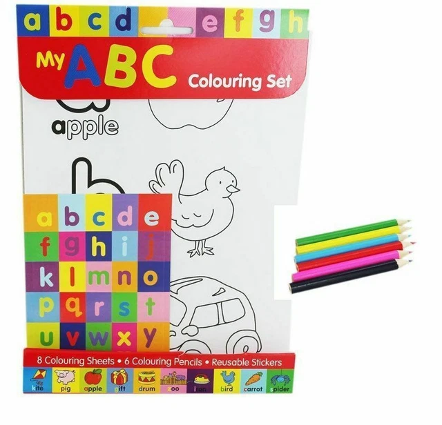 Alphabet ABC Colouring Set Stickers My Learn pencils 8 printed Colorin sheets