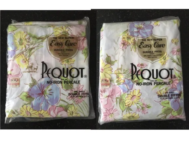Lot (2) NIP Vtg 70’s Pequot Double Fitted Sheets-No Iron-White w/ Floral Design