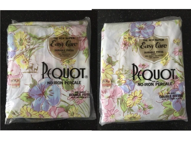 Lot (2) NIP Vtg 70’s Pequot Double Fitted Sheets-No Iron-White w/ Floral Design