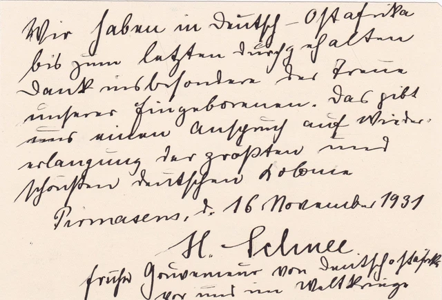 1931: Notiz: Pirmasens: H. Schnee, ex. Gouverneur