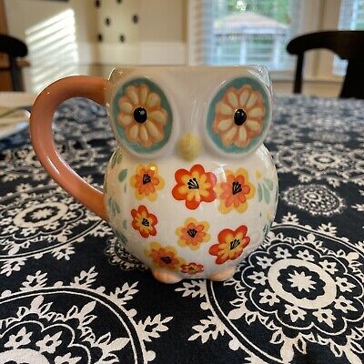 Cracker Barrel Owl White, Teal & Orange Coffee Mug Tea Cup with Handle