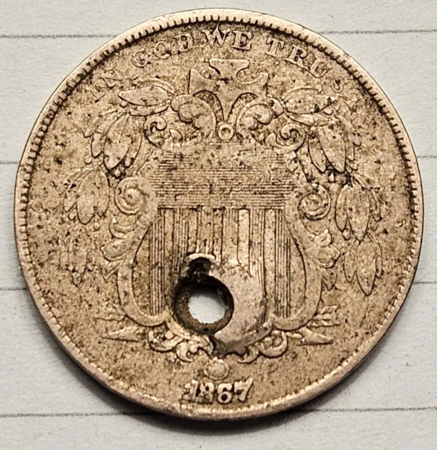1867 No Rays Shield Nickel 5-cent Holed