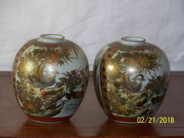 Pair-Japanese Meiji Era Kutani Hand Painted Signed/Marked Vases