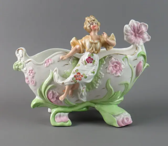 Small Antique German Porcelain Lady Figurine Flower Bowl Vase No 10571