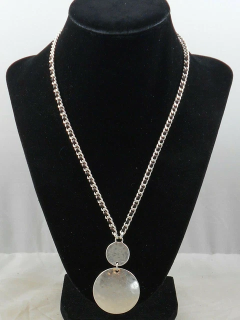 Lucky Silvertone Brown Leather Weave Hammered Stacked Circle Pendant Necklace