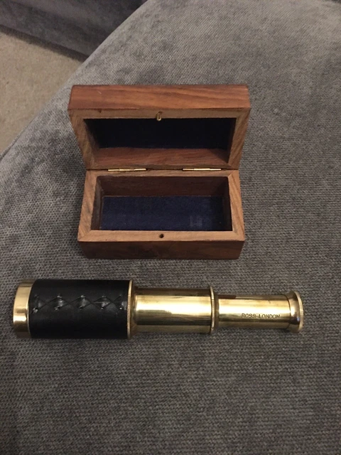 Mini telescopio de cuero de latón náutico marítimo vintage Ross London 3 dibujos en caja