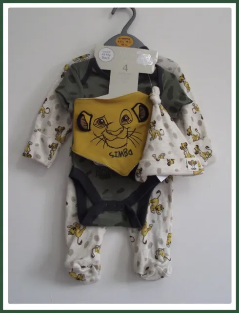 Disney Baby Boys Lion King 4 piece Starter Set Character Sleepsuits 0-1 Mths NEW