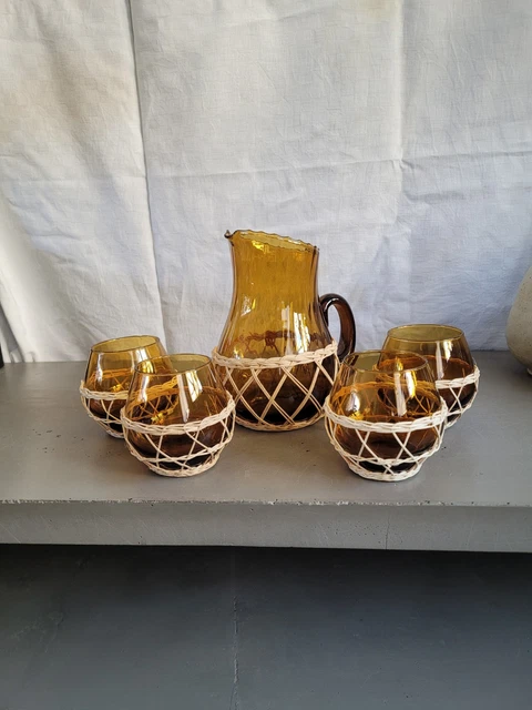 Service à Orangeade Vintage Années 70 – 1 Pichet + 6 Verres – Motif Perroquet