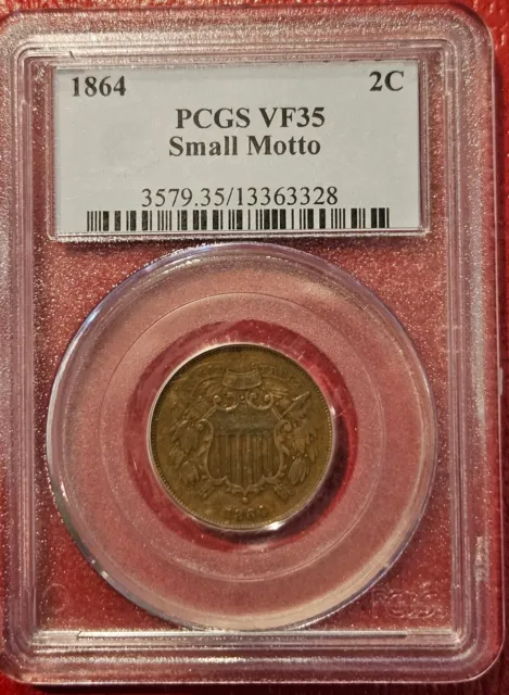 1864 Two Cent Small Motto Pcgs Vf35 Obsolete Type Coin 2C Rare Variety