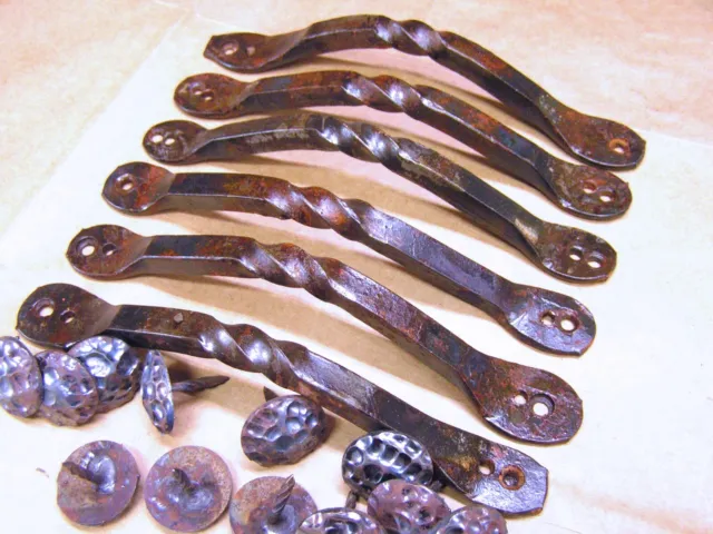 6 hand forged twisted iron drawer handles, cabinet door pulls 12 clavos, 1122